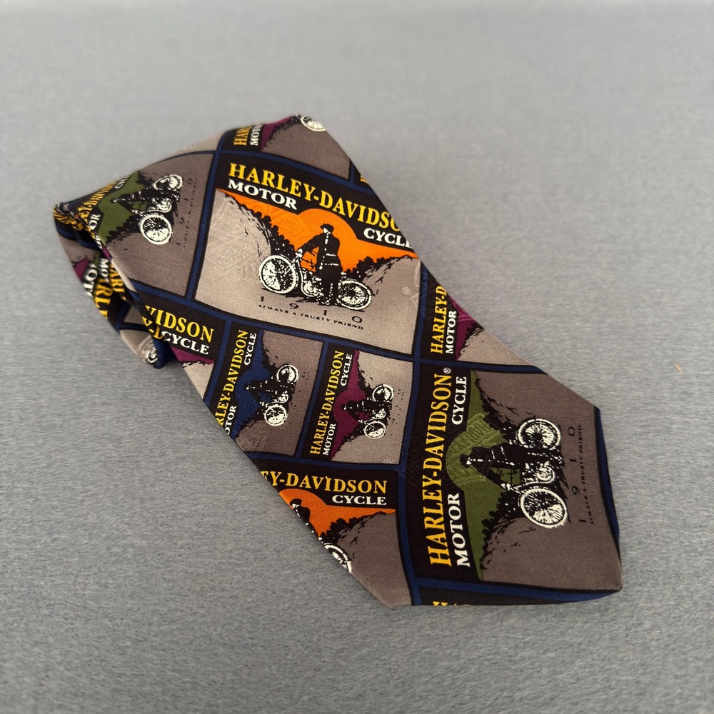 Harley-Davidson Vintage 1994 Ralph‎ Marlin 1910 Motorcycle Silk Tie Grey Multi
